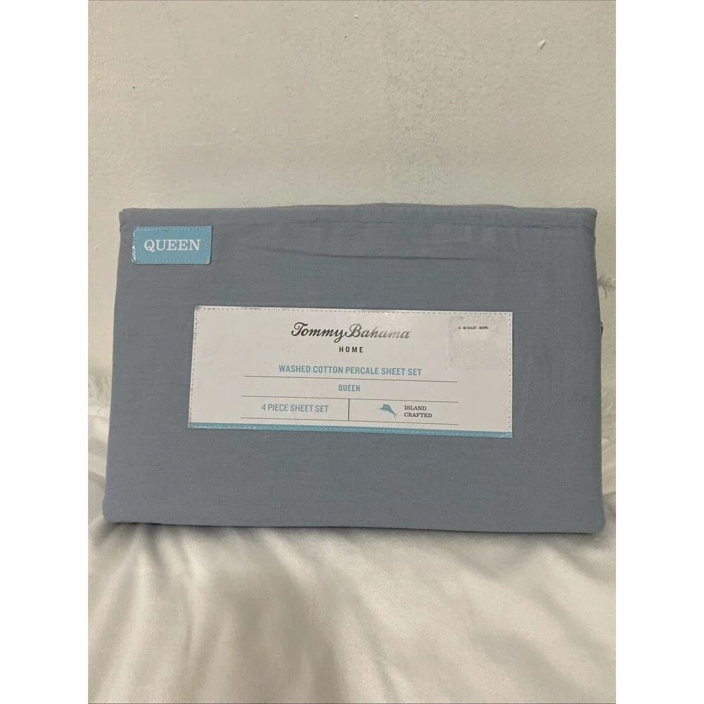 Tommy Bahama Queen Sheet Set 4 Pieces Home Washed Cotton Percale  Blue Sky New